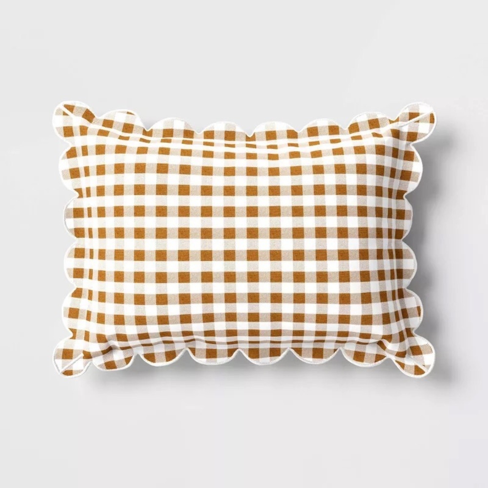 14x20 Gingham Scalloped Edge Outdoor Lumbar Pillow Brown -Threshold Studio McGee